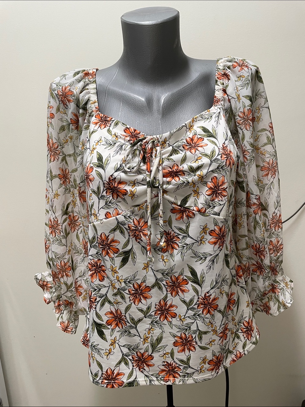 PerSeption Concept White Floral Tie-Neck Peasant Blouse
